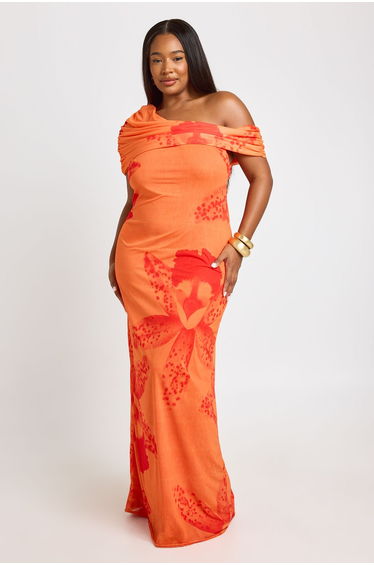 Plus Floral Mesh Maxi Dress - orange