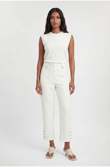 Compact Stretch Button Detail Straight Leg Trouser