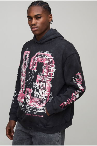 Black Oversized Doodle Print Acid Wash Hoodie - black