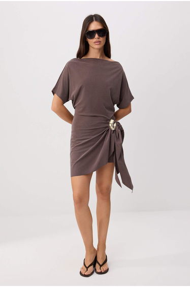 Light Brown Premium Lyocell Content Bell Form Accessory Detailed Mini Knitted Dress