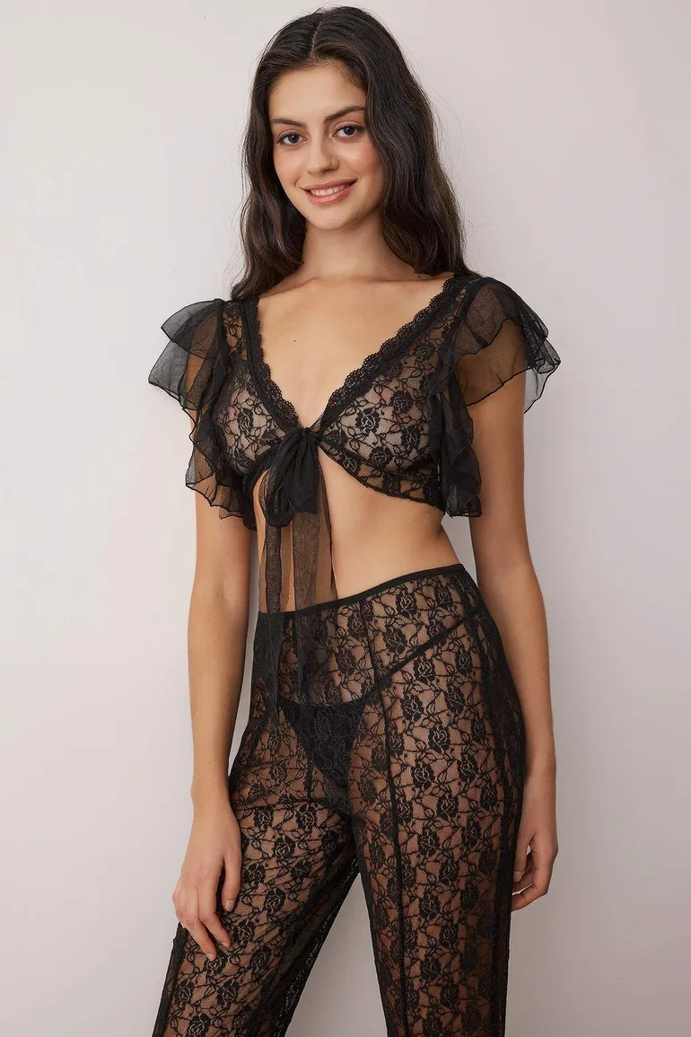 Black lace plain capless underwear set - 5