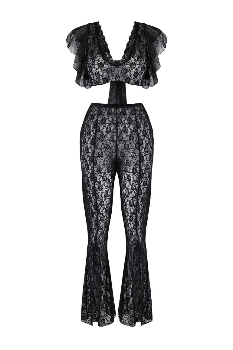 Black lace plain capless underwear set - 1