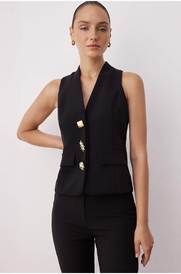 Black Fitted Button Detailed Vest