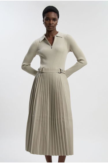 Knitted Zip Neck Pu Mix Pleated Midi Dress