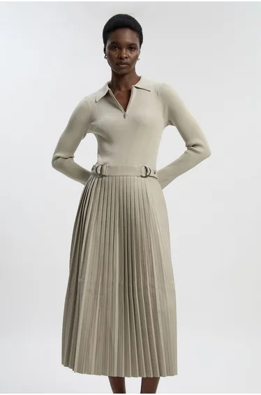 Knitted Zip Neck Pu Mix Pleated Midi Dress