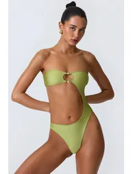 Bead-Embellished Cut-Out Bandeau Swimsuit in Pear Green - 8