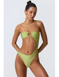 Bead-Embellished Cut-Out Bandeau Swimsuit in Pear Green - 6
