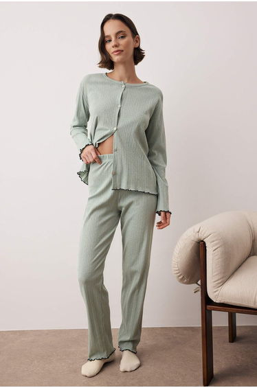 Green plain ribbed knit pajama set