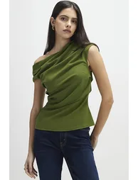 Khaki Short Sleeve Drape Off Shoulder Top