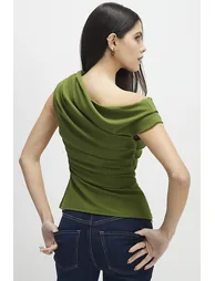 Khaki Short Sleeve Drape Off Shoulder Top - 3