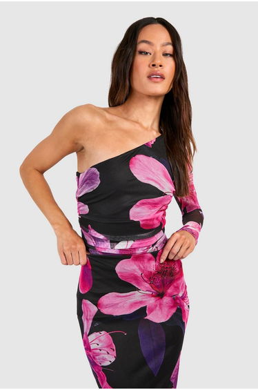 Tall Floral Print Mesh One Shoulder Bodysuit - black