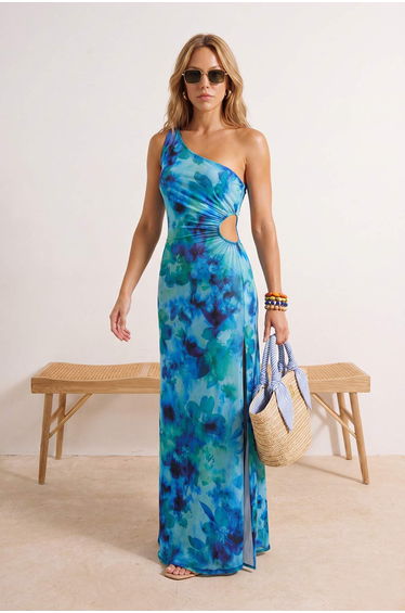 Abstract Patterned Woven Maxi Deep Slit Cut Out Detailed Beach Dress