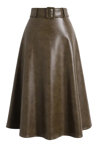 Sophisticated Square Buckle Belt Faux Leather Midi Skirt in Brown for Office Wear & Everyday Chic