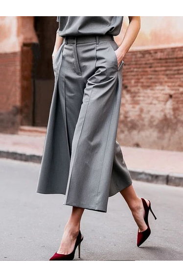 Loose Wide Leg Pockets Solid Color Ninth Pants Trousers