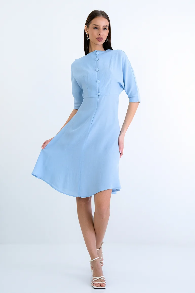 Women's Baby Blue Boat Neck Robe Gipeli Wide Cut Midi Length Summer Dress - 5