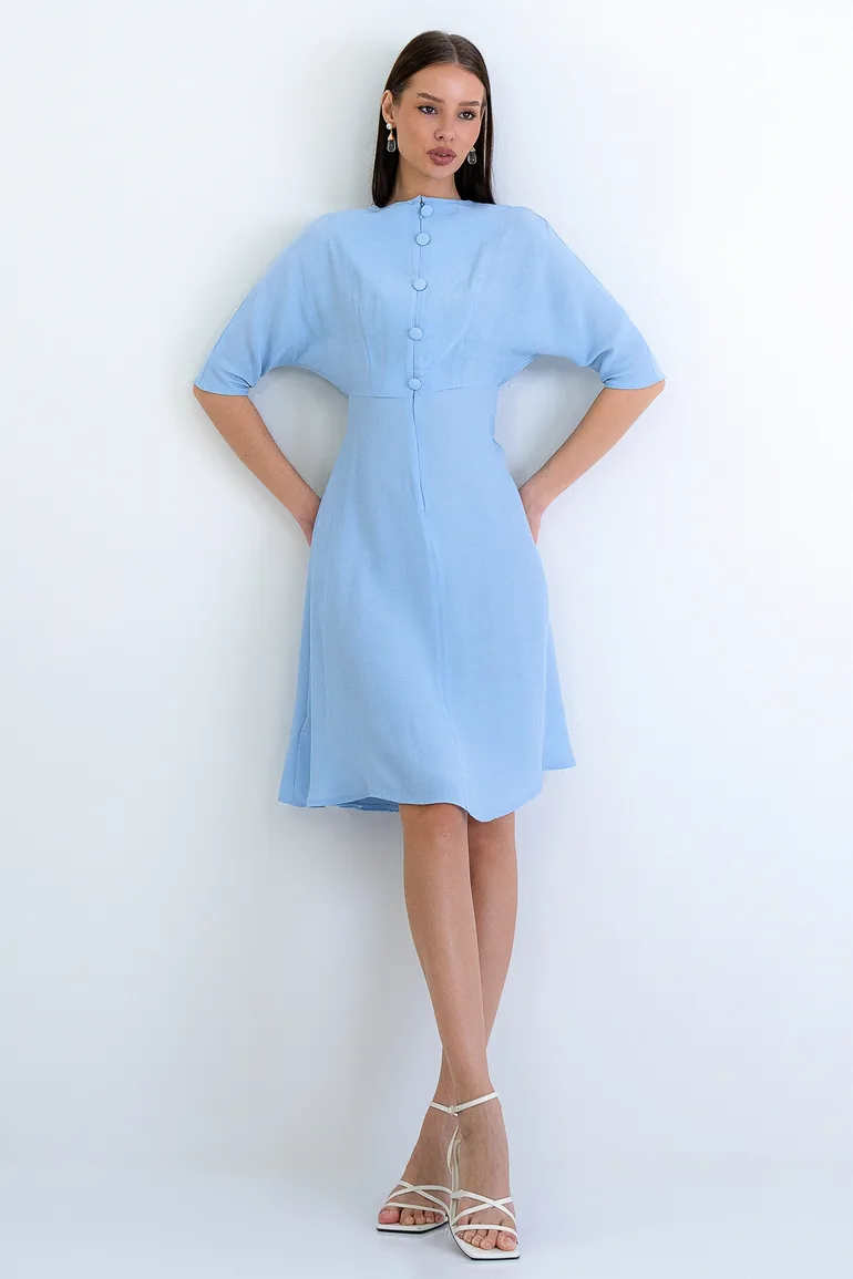 Women's Baby Blue Boat Neck Robe Gipeli Wide Cut Midi Length Summer Dress - 3