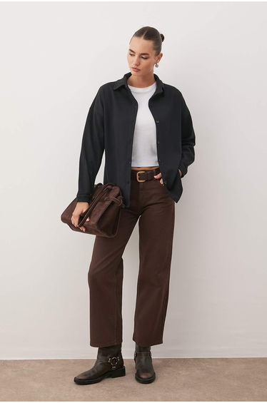 Black thessaloniki polo collar buttoned oversize shirt