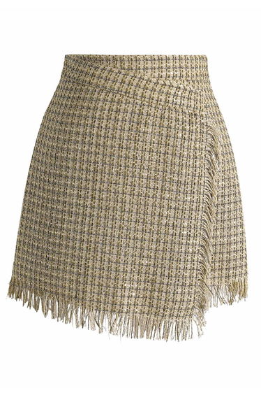Sparkle Tweed Asymmetric Fringed Flap Mini Skirt for Holiday Gatherings & Evening Events