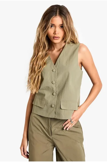 Tailored Nylon Button Waistcoat - olive