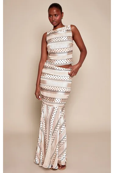 Champagne Multi Polka Dot High Neck Cowl Top