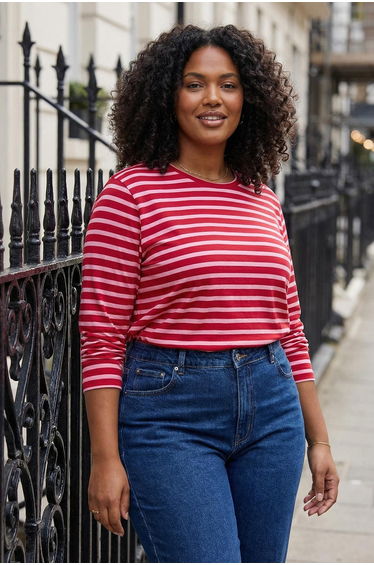 Red-pink striped regular/normal fit basic crew neck knitted t-shirt