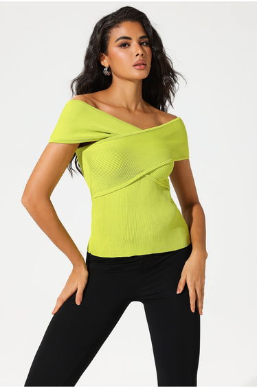 Lorette Knit Off-Shoulder Slim Top Green in Green