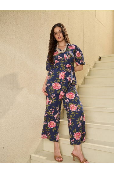 Navy Blue Floral Print Pure Cotton Shirt with Trousers Co-Ords