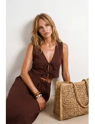 Brown Woven Maxi Tie Detail Regular Beach Blouse Skirt Set - 2