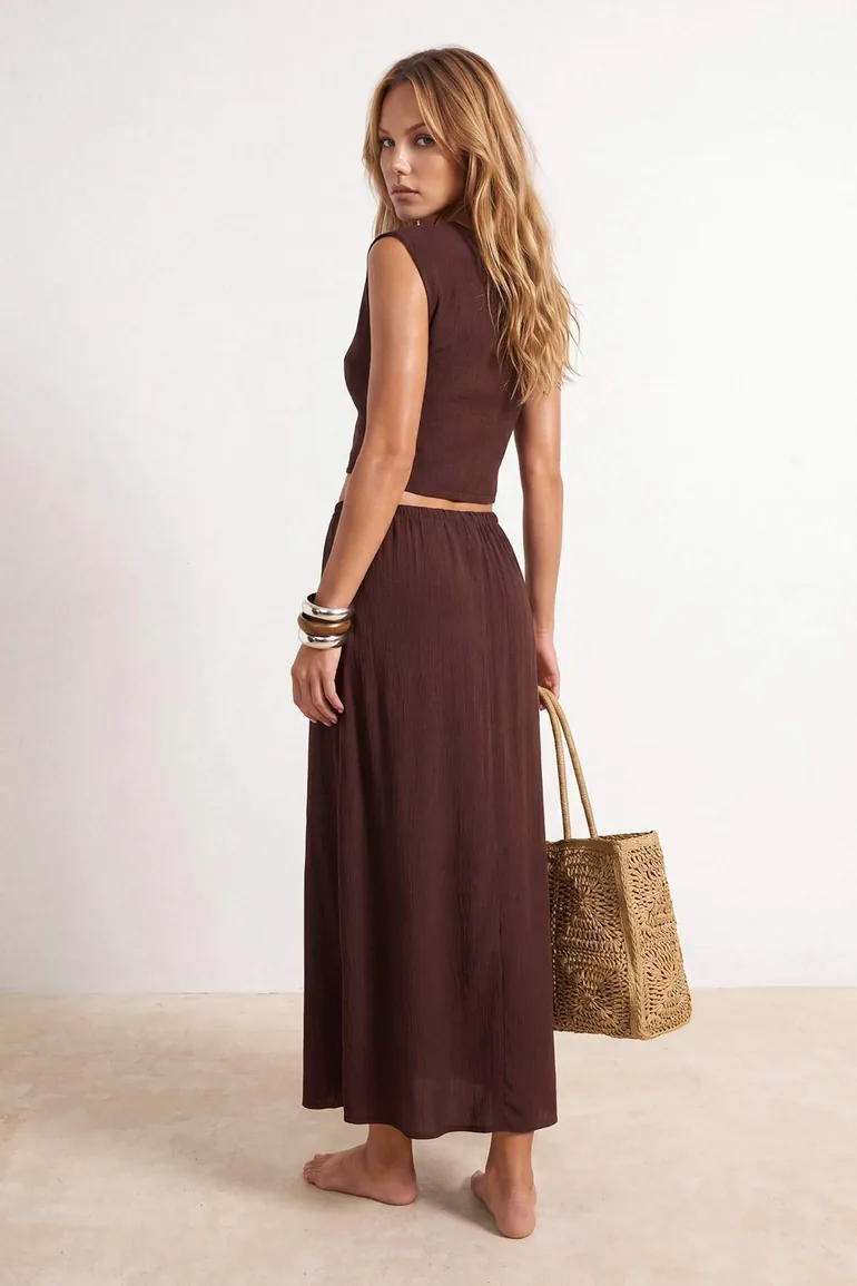 Brown Woven Maxi Tie Detail Regular Beach Blouse Skirt Set - 1