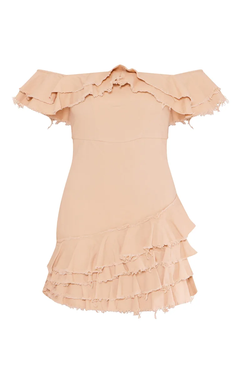 Shop Cream Twill Bardot Frayed Edge Tiered Shift Dress Online in Oman