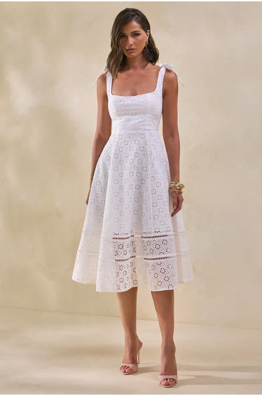 Veralia | White Broderie Square-Neck Midi-Dress With Bow-Sleeves