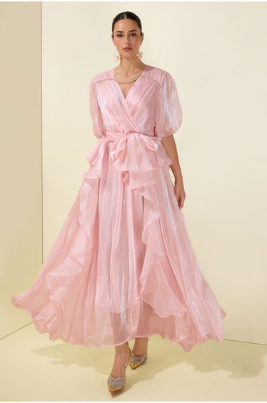 Rhinestone Rivets Ruffle Puff Sleeve Maxi Dress