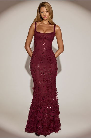 Embellished Fishtail Corset Gown in Wine Red