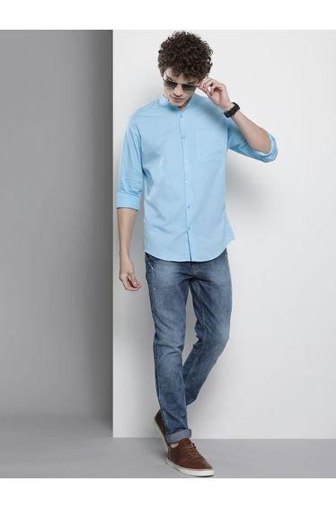 Men Sky Blue Mandarin Collar Shirt