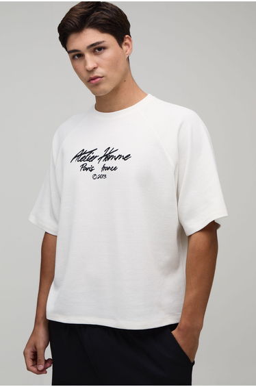 Oversized Embroidered Waffle Raglan T-Shirt - ecru