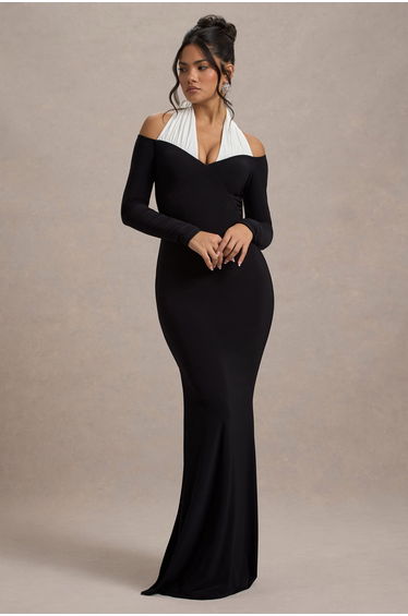 Living High | Black & White Halter-Neck Split Maxi Dress
