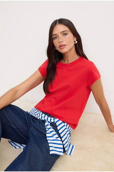 Red Regular/Normal Fit Ay Kol Short Sleeve Tok 100% Cotton Knitted T-Shirt
