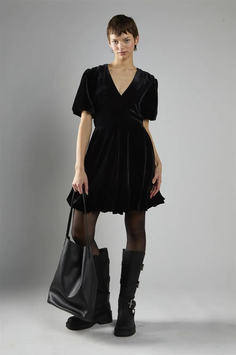 black velvet mini dress short sleeve SIMKHAI Women's Doria Velvet Trimmed Mini Dress in Black, Size 0