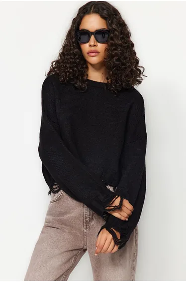 Black Crop Super Wide Fit Soft Textured Knitwear Sweater