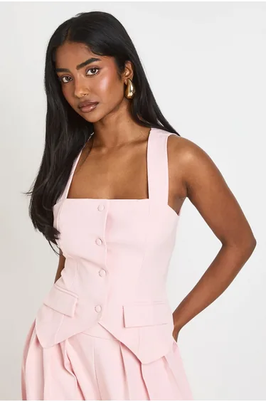 Square Neck Tailored Waistcoat - pink