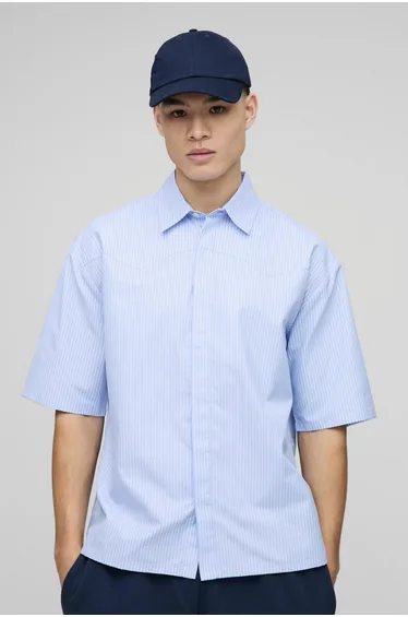 Oversized Western Slogan Stripe Shirt - light blue