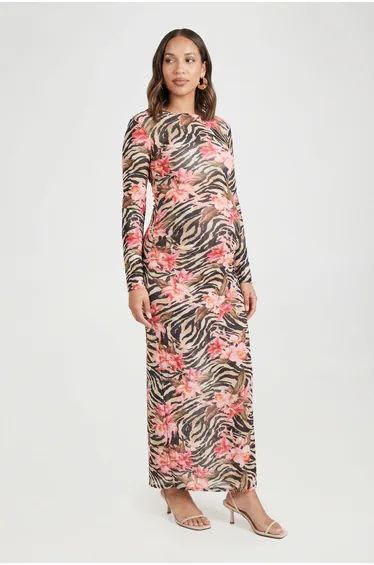 Maternity Abstract Print Long Sleeve Maxi Dress - black
