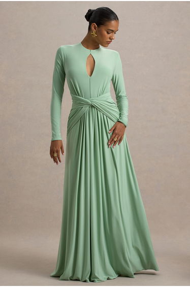 With Me | Green High-Neck Maxi Dress With Ruched Detailing
