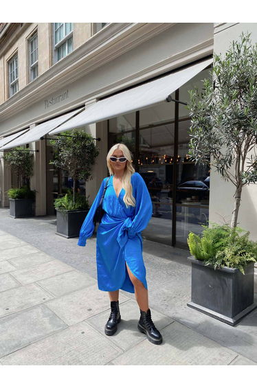 Glamorous Blue Aster Satin Long Sleeve Wrap Dress
