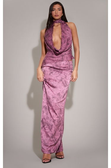 Purple Printed Satin Column Maxi Skirt