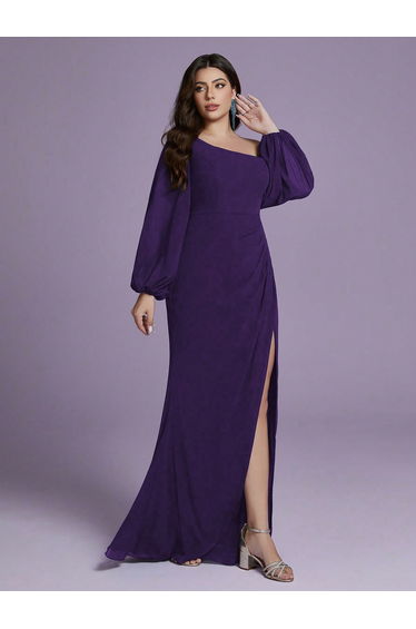 Leely Plus Women's Elegant Asymmetrical Neck Bishop Sleeve Party Dress