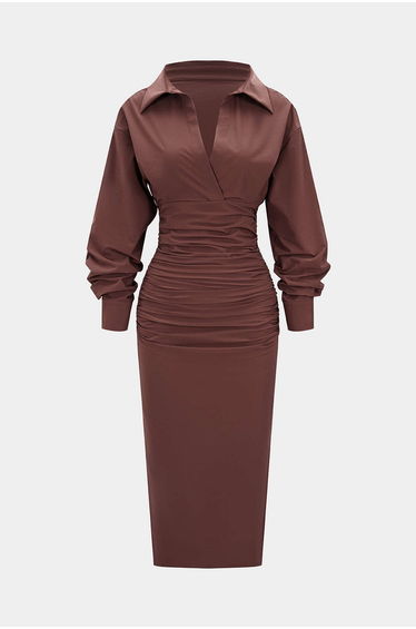 Solid Ruched Long Sleeve Midi Dress