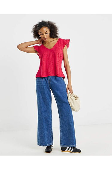 V Neck Ruffle Sleeve Broderie Top