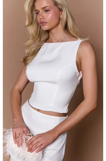 White Woven Open Back Detail Long Top