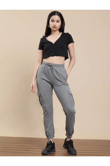 Grey Cotton Knit Cargo Joggers